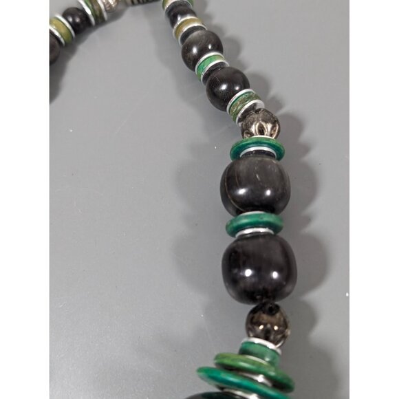 Vintage Green Black Beaded Chunky Tribal Statement Necklace 17" - Picture 5 of 8